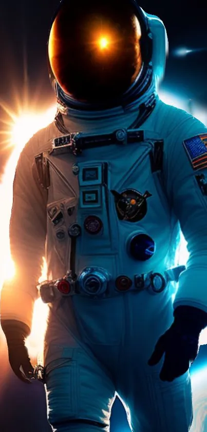 Astronaut in space with a vibrant cosmic background.