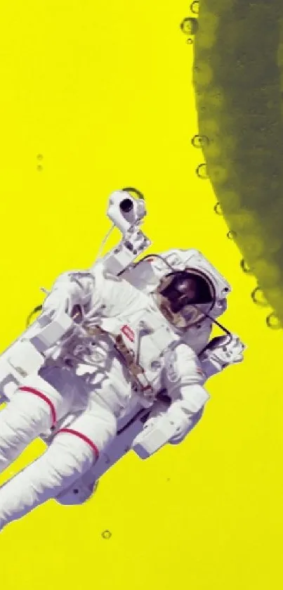 Astronaut floating with lemon slices on yellow background.