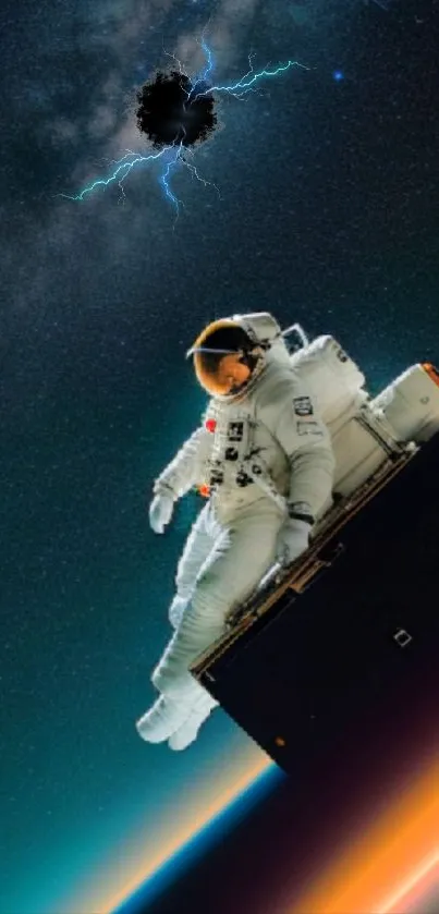 Astronaut floating in space with a galaxy view and cosmic black hole.