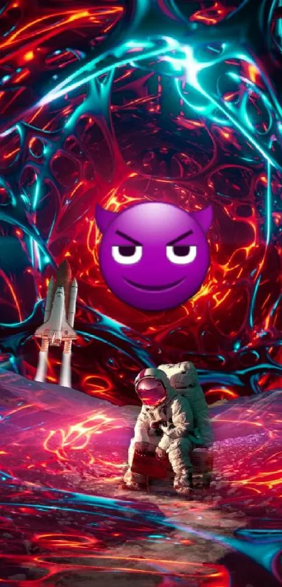 Astronaut in neon vortex with devil emoji.