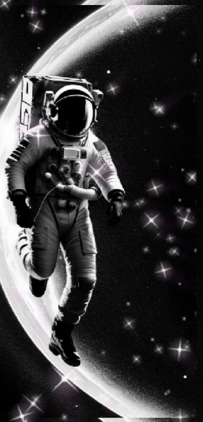 Astronaut surrounded by stars with crescent moon backdrop.