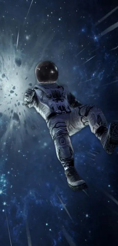 Astronaut floating in space with starry background.