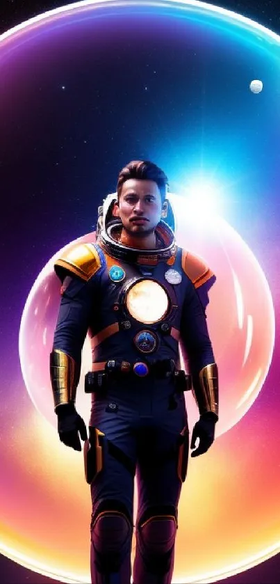 Astronaut standing in vibrant neon galaxy with cosmic backdrop.