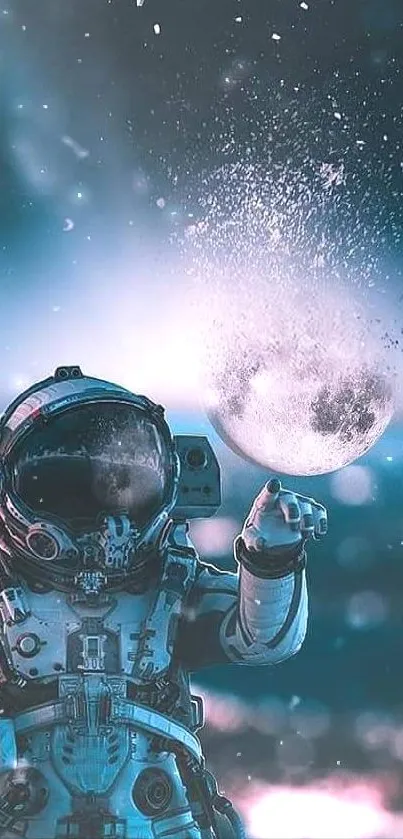 Astronaut touching the moon against a dark blue cosmic background.