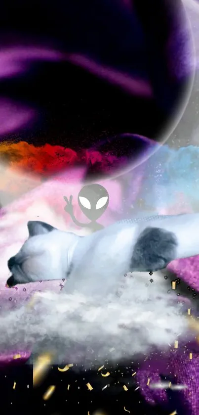 Fantasy alien and cat space-themed wallpaper with vibrant colors.