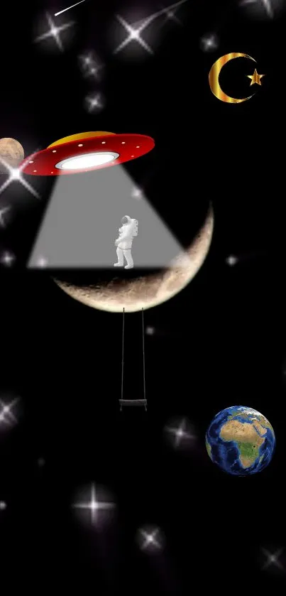 Mobile wallpaper featuring UFO, astronaut, moon, and stars in space design.