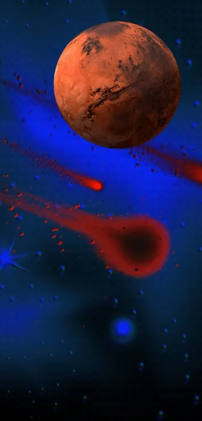 Red planet and blue space wallpaper with shooting stars.