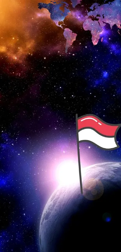 Flag on planet with cosmic space background and world map.