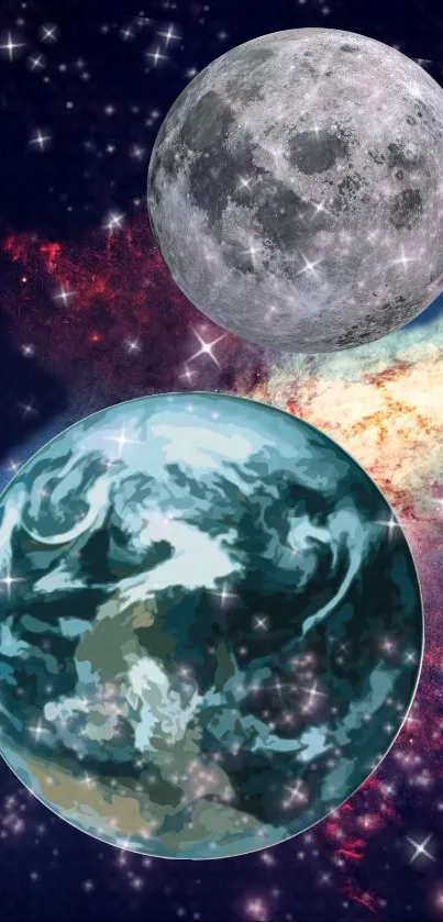 Wallpaper with planets, stars, and galaxy scene.