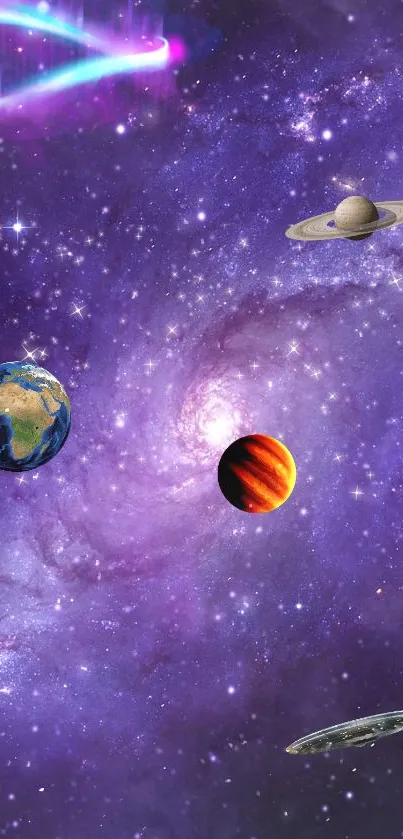 Purple galaxy wallpaper with planets and stars in space.