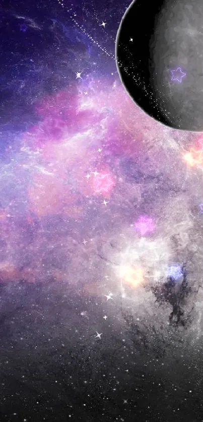 Galaxy with a prominent moon in space-themed wallpaper.