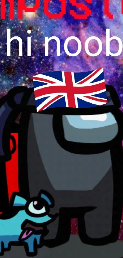 Space game character with British flag in galaxy background.