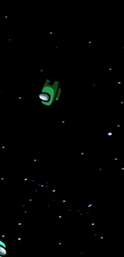 Green astronaut characters floating in a starry black cosmos.