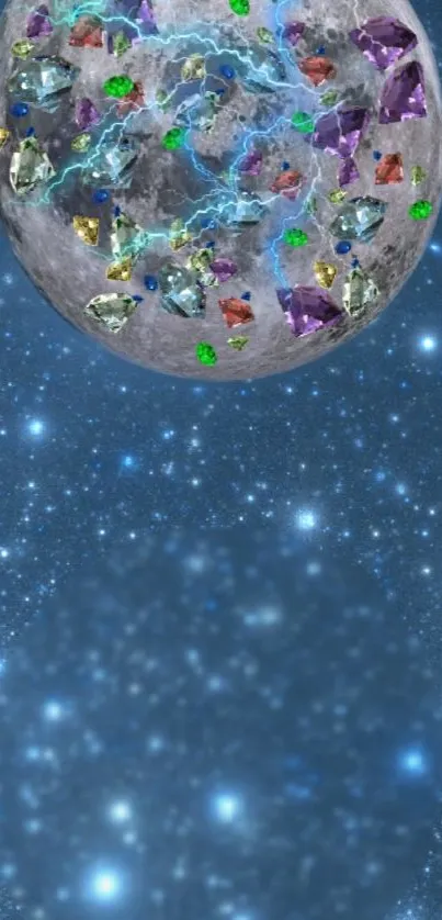 Lunar surface with colorful gems against a starry sky.