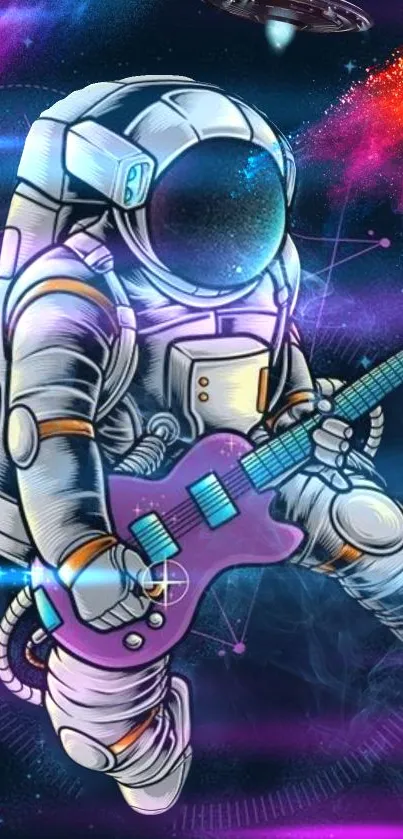 Astronaut playing electric guitar in space with colorful cosmic background.