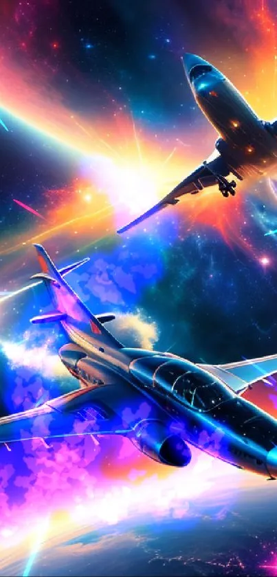 Futuristic jets flying in a colorful galaxy.