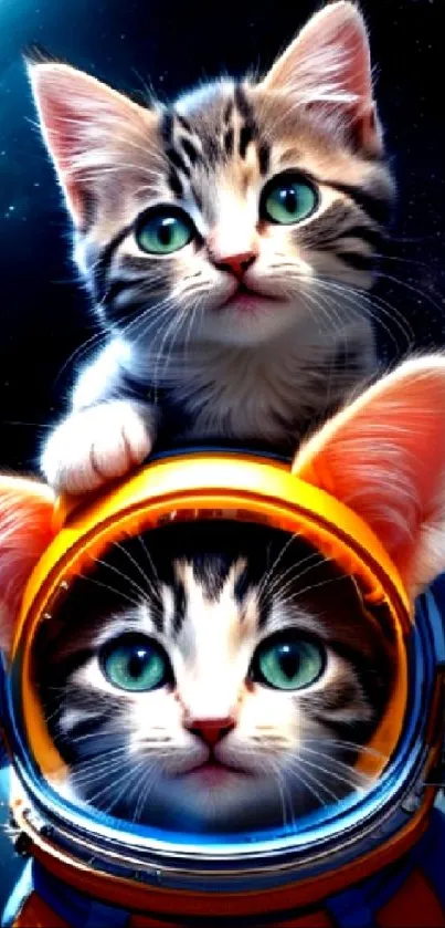 Cute kittens in astronaut suits float in space with planets in background.