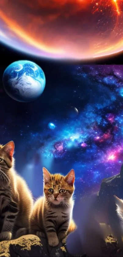 Kittens in a vibrant cosmic scene with planets and galaxy.