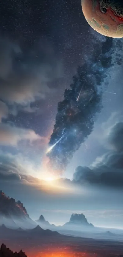 Stunning space-themed mobile wallpaper with planets and shooting stars.