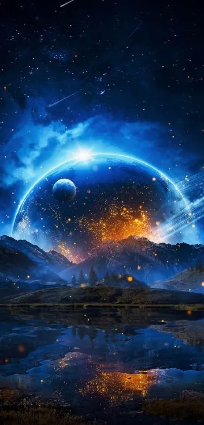 Fantastic space scene with planets, stars, and mountains.