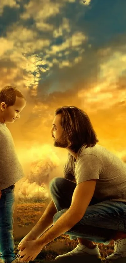 Father and son with a rocket launch in the background under a vibrant orange sky.