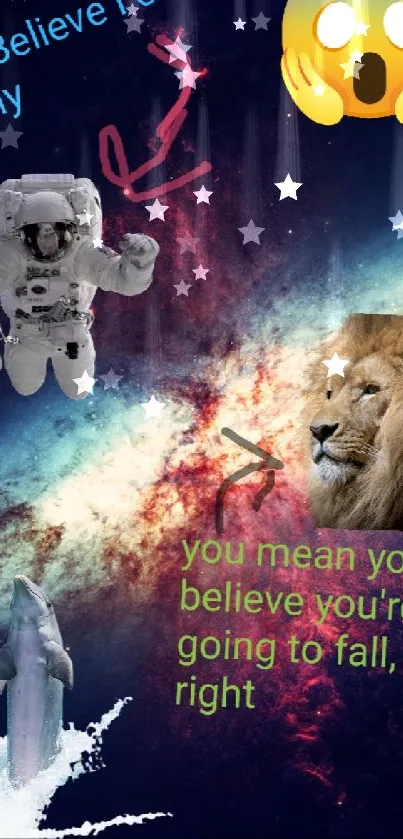 Astronaut, lion, and cosmic background in a humorous wallpaper design.
