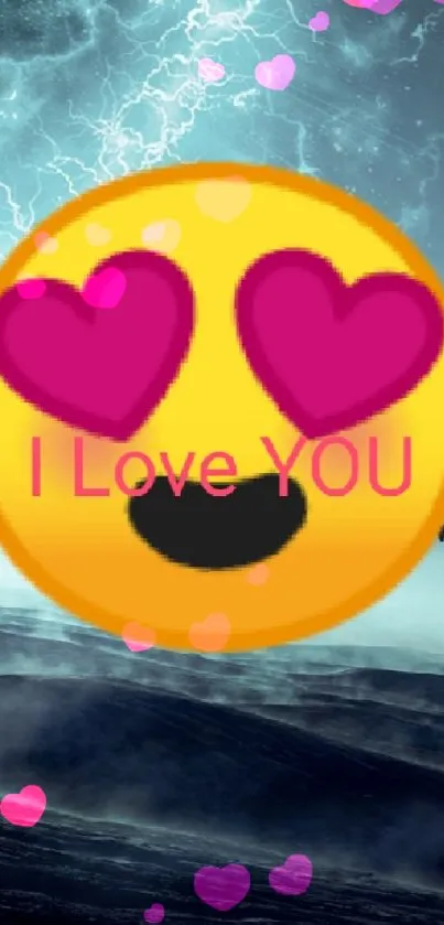 Android and heart emoji on a moonlit alien landscape wallpaper.