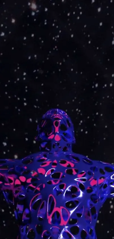 Abstract figure in space with purple tones and starry background wallpaper.