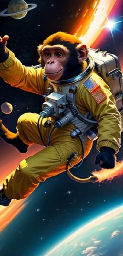 Playful monkey astronaut in space suit floating in colorful cosmic scene.