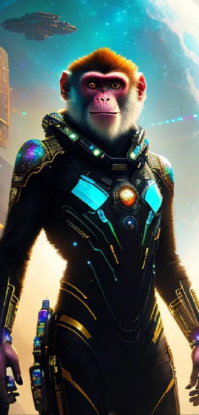 Astronaut monkey in a cosmic futuristic setting with vibrant colors.