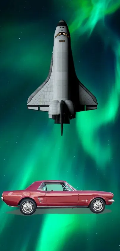 Space shuttle and vintage car under aurora borealis on mobile wallpaper.