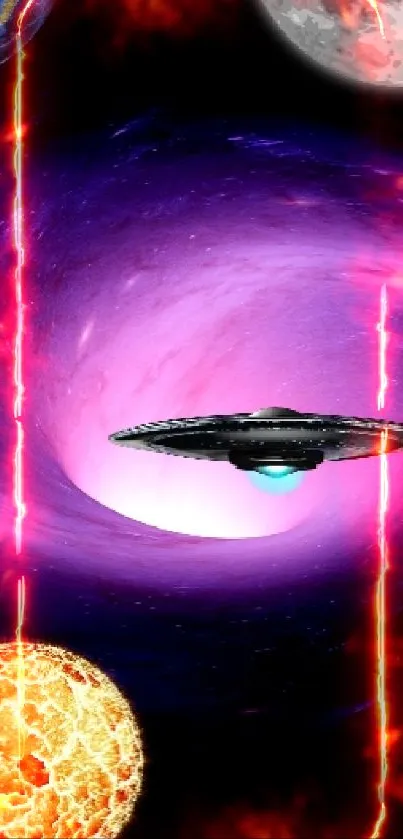 Spaceship and galaxy mobile wallpaper featuring vibrant cosmic elements.