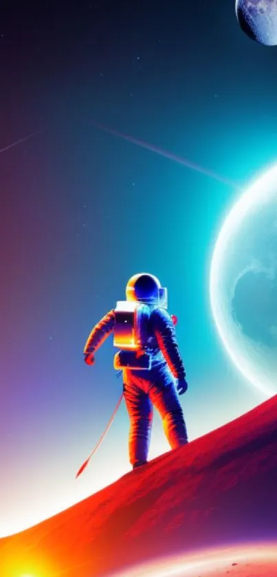 Astronaut explores vibrant alien planet under a starry sky with celestial bodies.