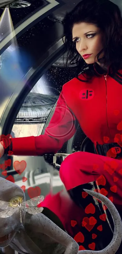 Woman in red space suit in a spaceship, surrounded by hearts.