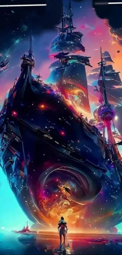 Futuristic space ship wallpaper with vibrant cosmic colors.