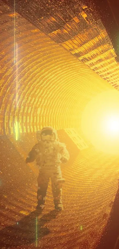 Astronaut exploring illuminated futuristic tunnel with golden light.