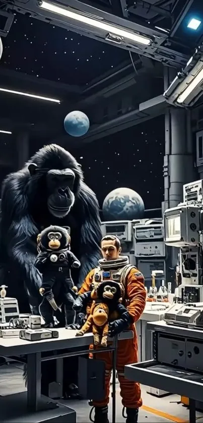 Astronaut and gorillas in a futuristic space lab with planets.