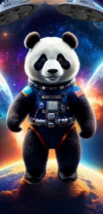 Panda astronaut floating in vibrant space with planets and cosmic background.