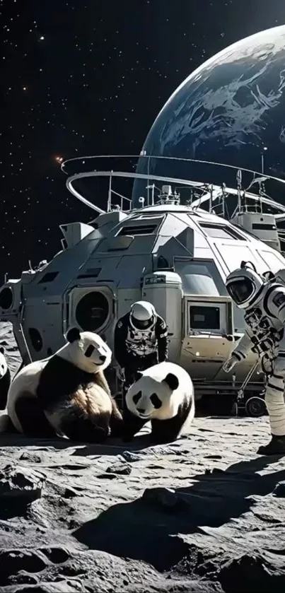 Pandas and astronauts on the moon beside space station.