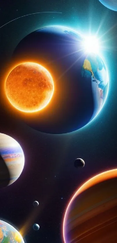 Mobile wallpaper with vibrant planets and a bright sun in space.