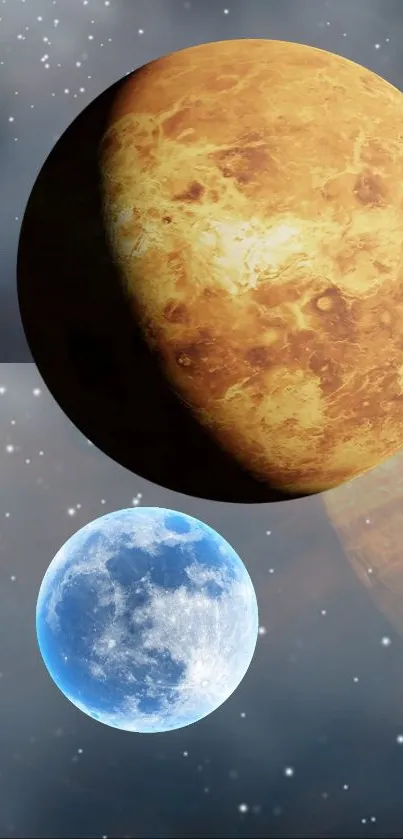 Mobile wallpaper of vibrant orange and blue planets in space.