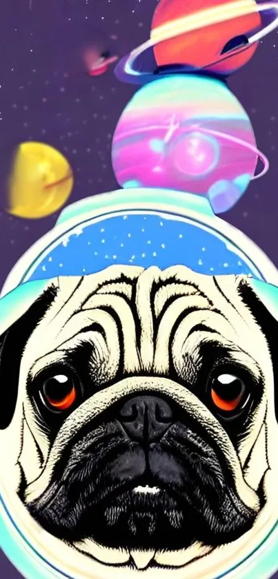 Cartoon pug in space with colorful planets.