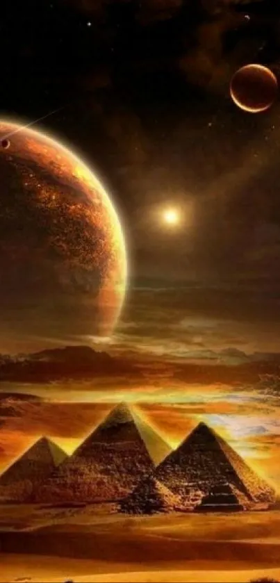 Fantasy wallpaper of pyramids beneath a starry cosmic sky.