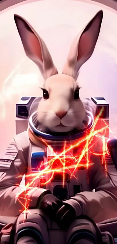 Rabbit in astronaut suit with cosmic background, vibrant design.