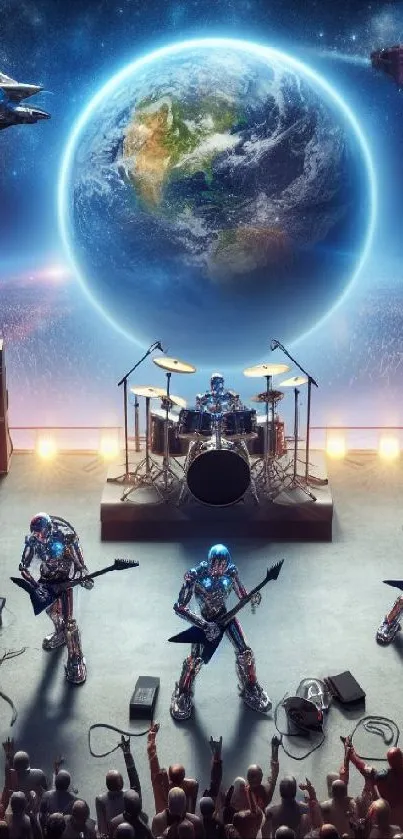 Futuristic space rock concert with earth view and robotic band.