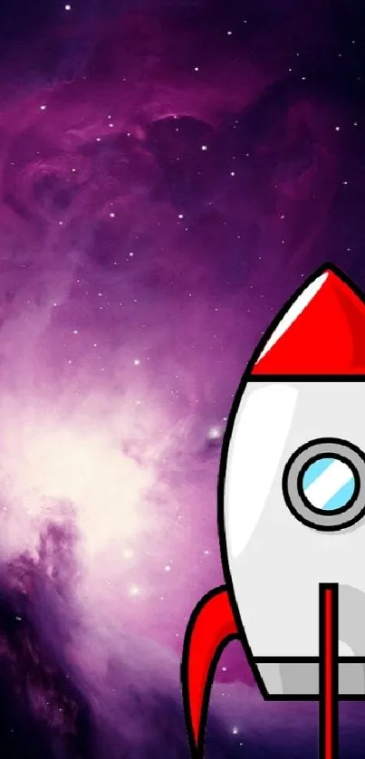 Cartoon rocket against a cosmic starry galaxy.