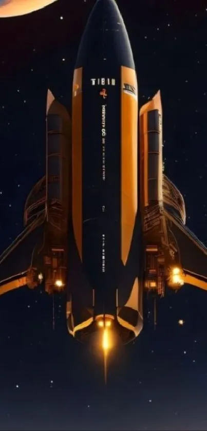 Futuristic rocket soaring through dark space with stars.