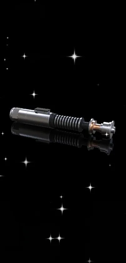 Futuristic saber against a starry cosmic backdrop.