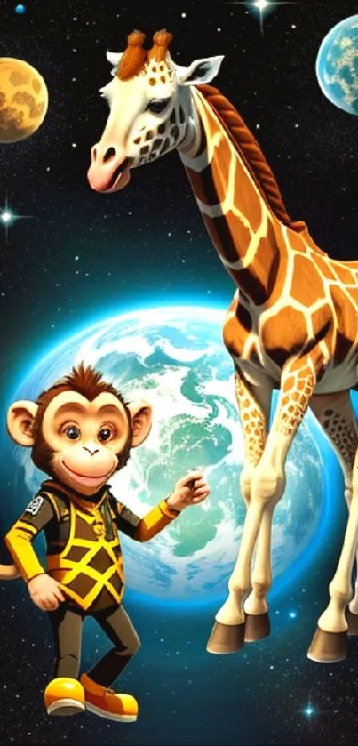 Colorful giraffe and monkey in space with planets and stars.