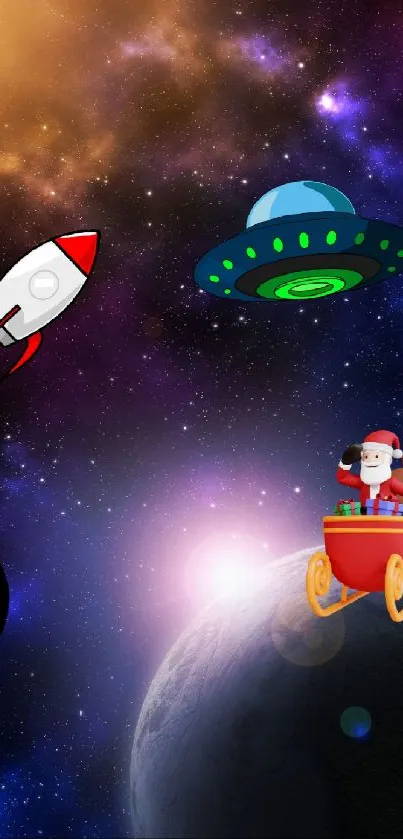 Santa and UFO in space mobile wallpaper.